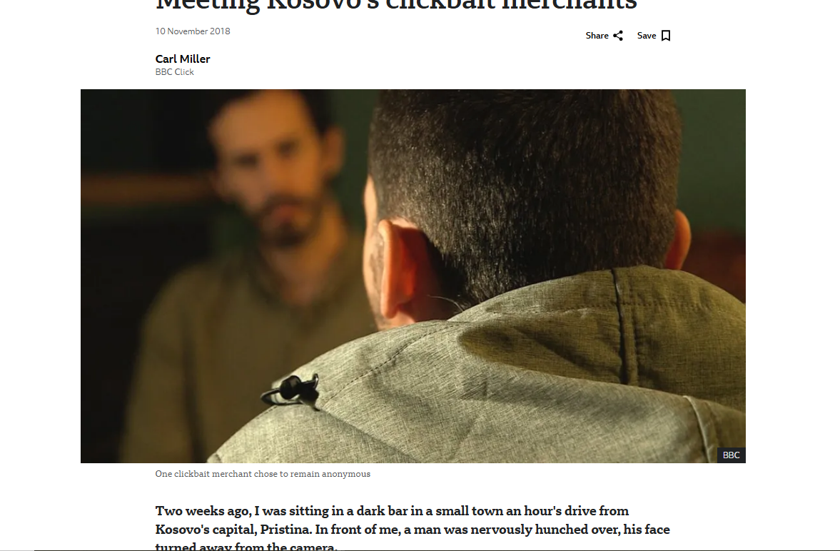 Artikulli i BBC për përhapjen e clickbait në Kosovë