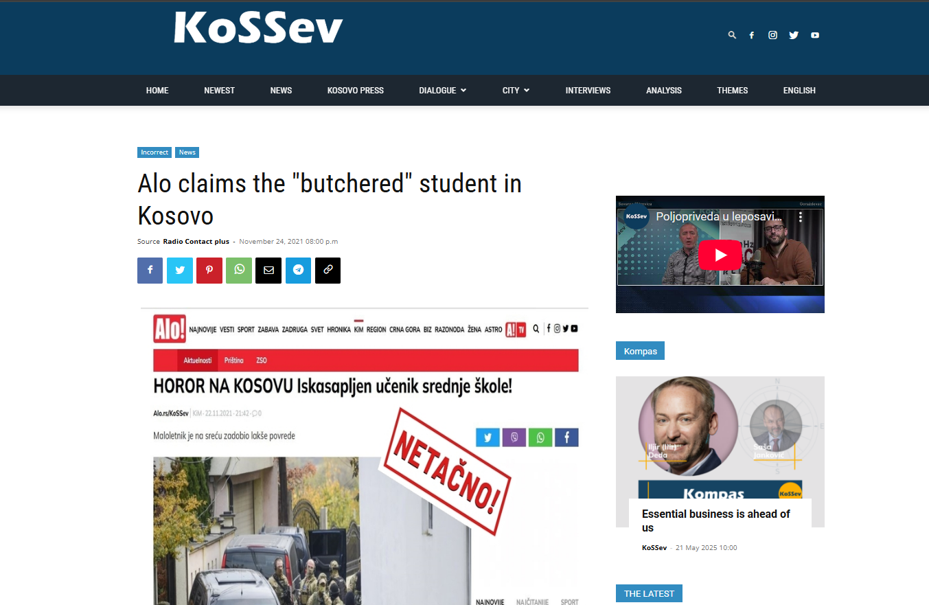 Artikulli i raportuar drejt nga KoSSev