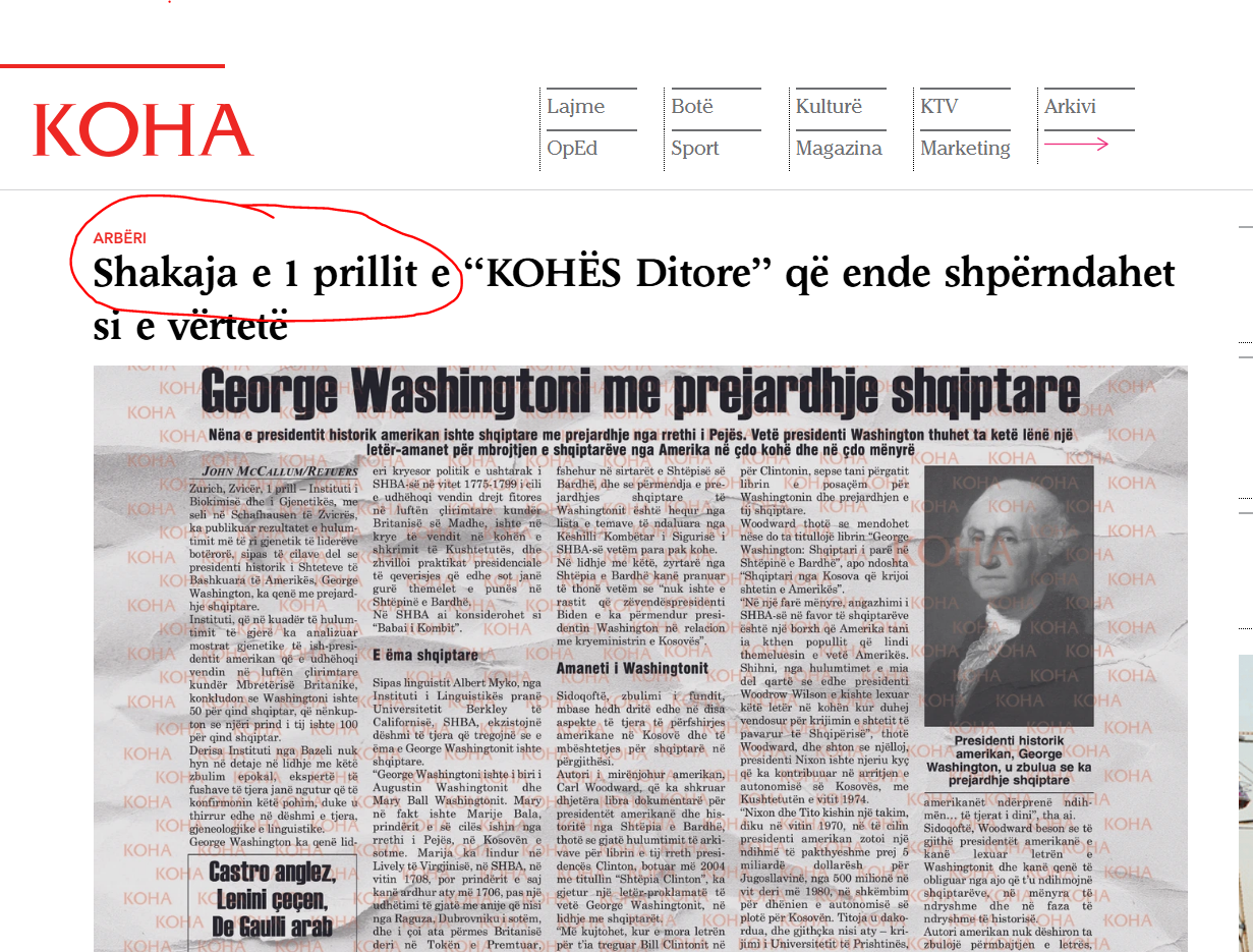 Artikulli i gazetës Koha Ditore për 1 prill 2011&nbsp;